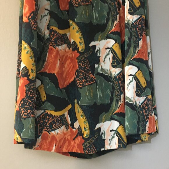 Vintage 80s Union Made Orange and Green Abstract Button Waist Pleated Midi Skirt - Picture 4 of 14